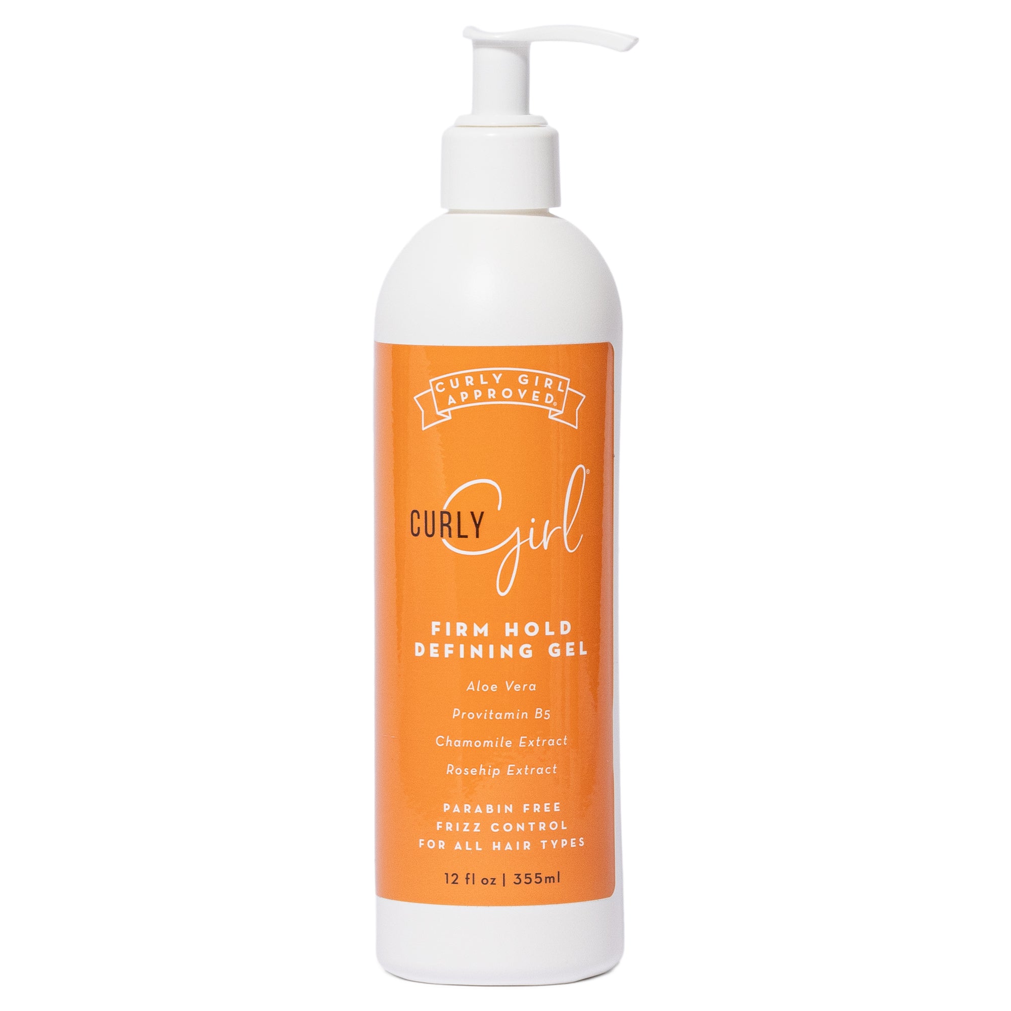 Curly Girl Defining Gel bottle with orange label on a white background